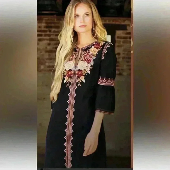 Johnny Was Hailee Floral Print V-Neck 3/4 Bell Sleeve Ruffle Hem  Dress Size L. - Picture 1 of 12